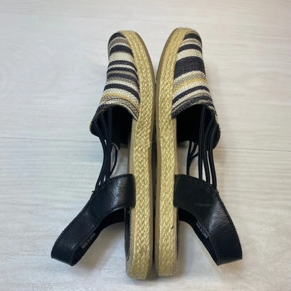 b.o.c. Womens 9 Espadrille Sandals Striped Black Fabric Jute Slingback Flats
